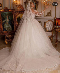 Luxury Long Ball Gown Glitter Sweetheart Wedding Dress with Puffy Sleeves