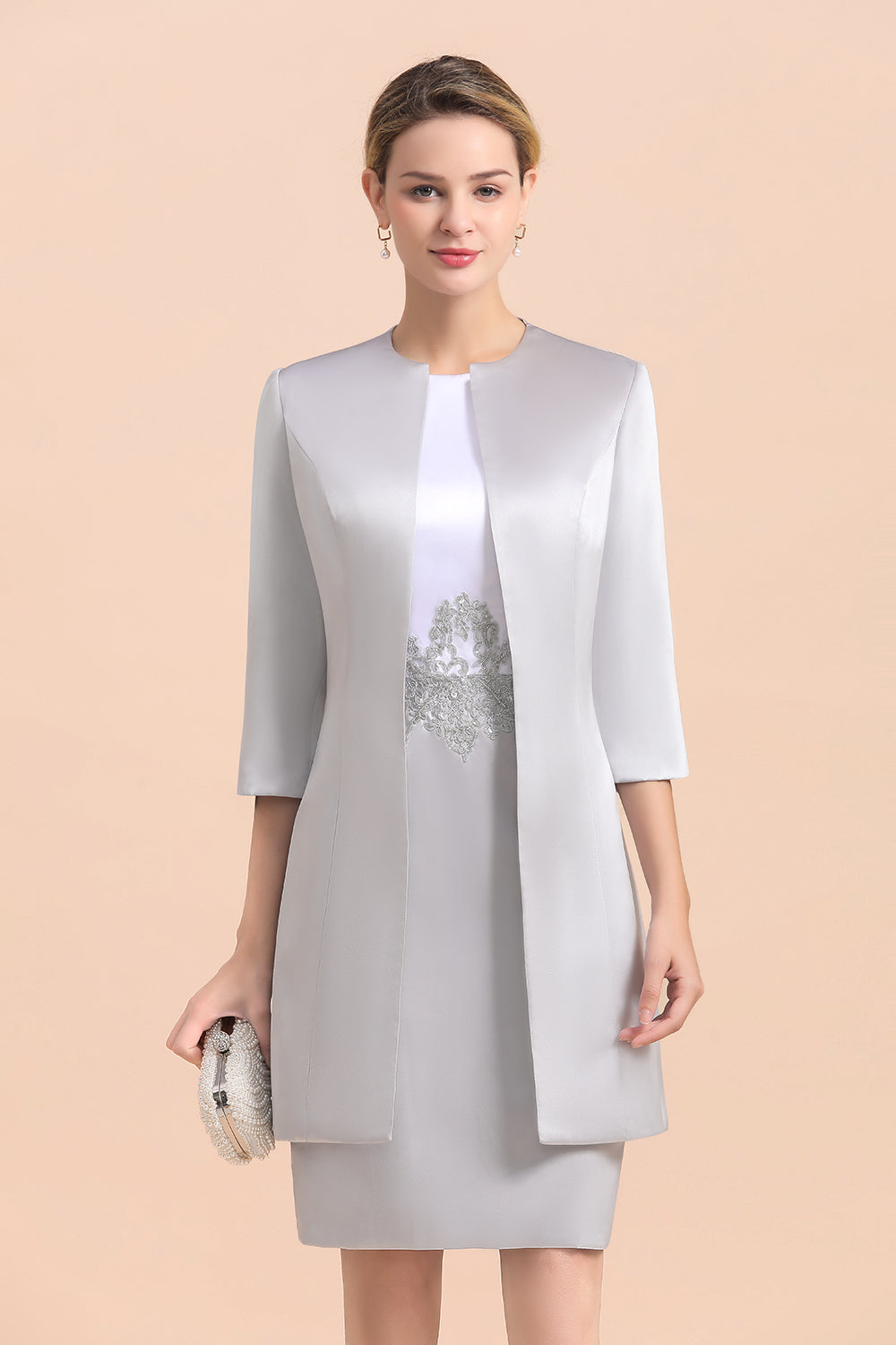 Silve Lace Appliques Short Knee-Length Mother Of the Bride Dress