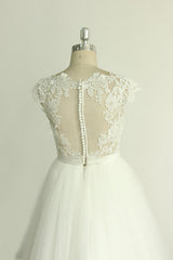 Long Sweetheart Appliques Lace Cap Sleeve Tulle A-line Wedding Dress
