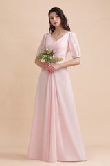 Half Sleeves V-neck A-Line Bridesmaid Dress Chiffon Long Wedding Guest Dress