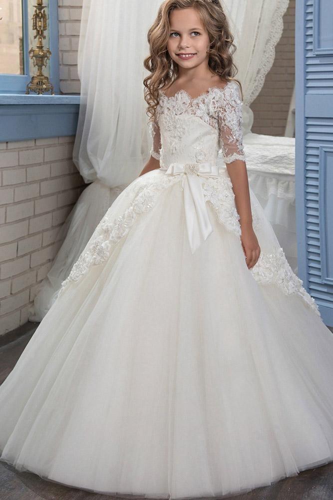 White Long Off The Shoulder Ball Gown Flower Girl Dress with Sleeves