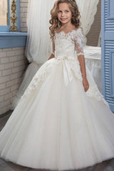 White Long Off The Shoulder Ball Gown Flower Girl Dress with Sleeves