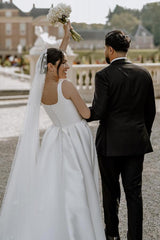 Satin Split Front Square Neck A-Line Satin Long Wedding Dress
