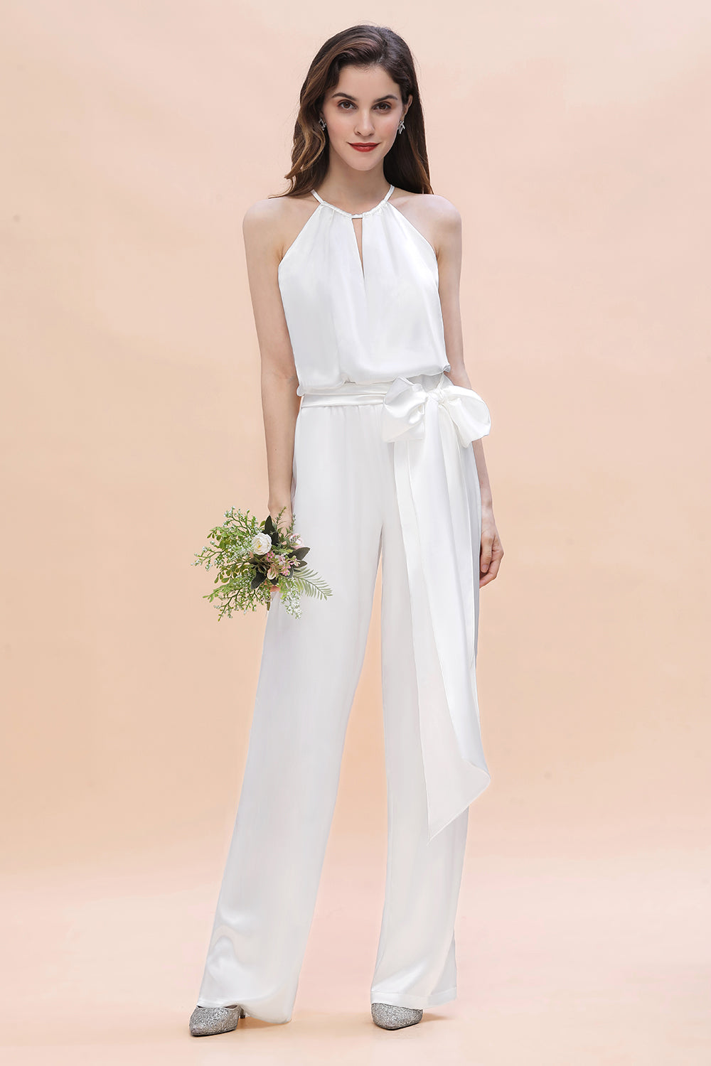 Elegant White Halter Bridesmaid Dress Floor Length Jumpsuit With Bowknot