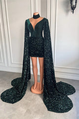 Unique Sequined Long Sleeve Mermaid Dark Green Short Party Dress