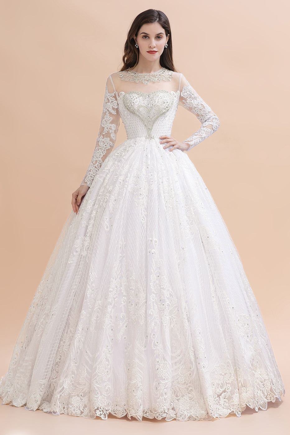 Long Sleeves A-line Lace Beads Tulle Wedding Dress