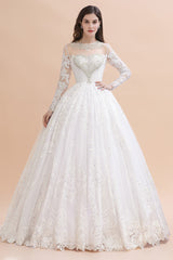 Long Sleeves A-line Lace Beads Tulle Wedding Dress