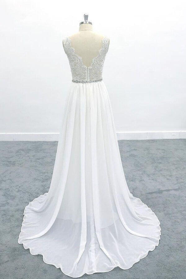 Elegant Long V-neck A-line Lace Chiffon Backless Wedding Dress