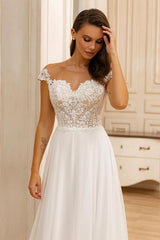 Chic White Long A-line Sweetheart Lace Chiffon Backless Wedding Dresses