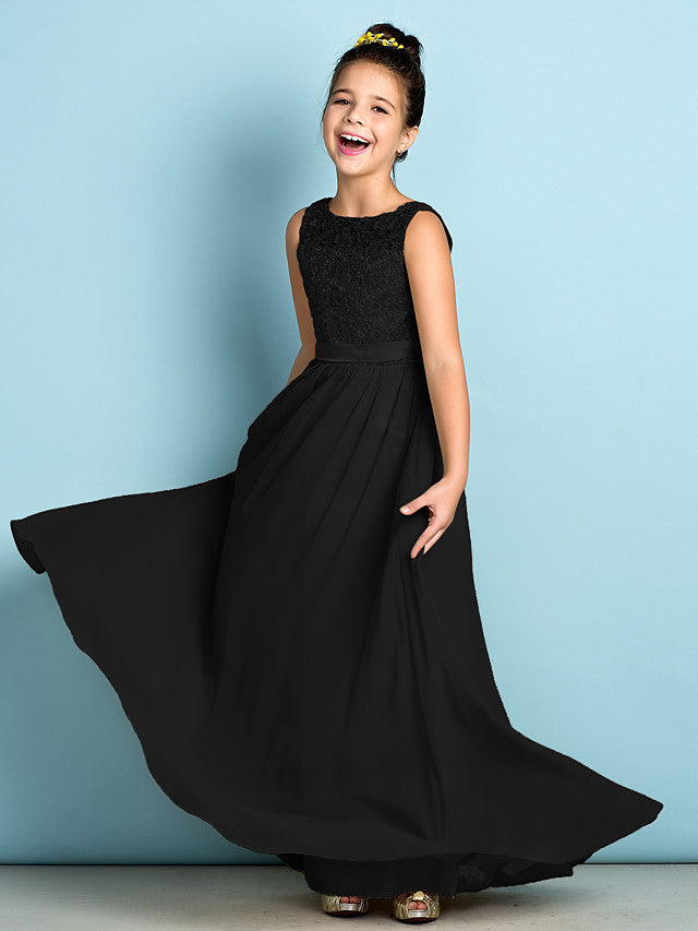 Long A-Line Scoop Neck Floor Length Chiffon Lace Junior Bridesmaid Dress