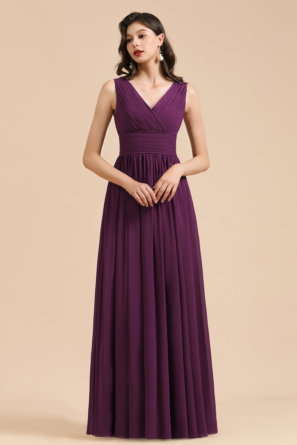 Elegant Long A-line V-neck Ruched Chiffon Bridesmaid Dress