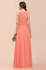 Charming Coral Chiffon Sleeveless A-Line Halter Floor Length Bridesmaid Dresses