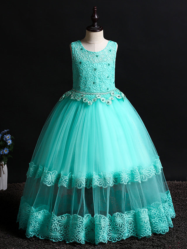 Long Princess Floor Length Sleeveless Jewel Neck Flower Girl Dresses