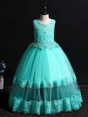 Long Princess Floor Length Sleeveless Jewel Neck Flower Girl Dresses