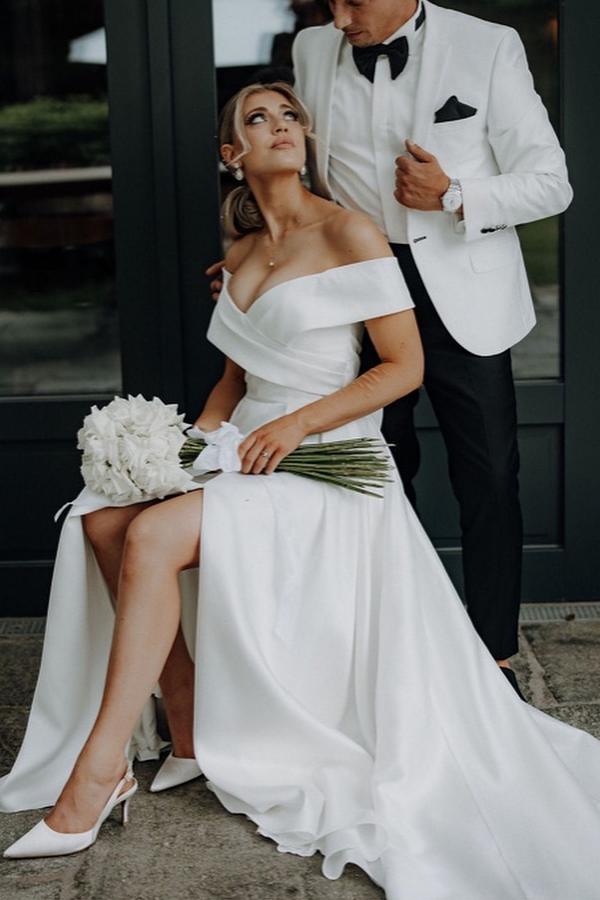 Simple Long Off The Shoulder V-Neck Satin A-Line Wedding Dress with Slit