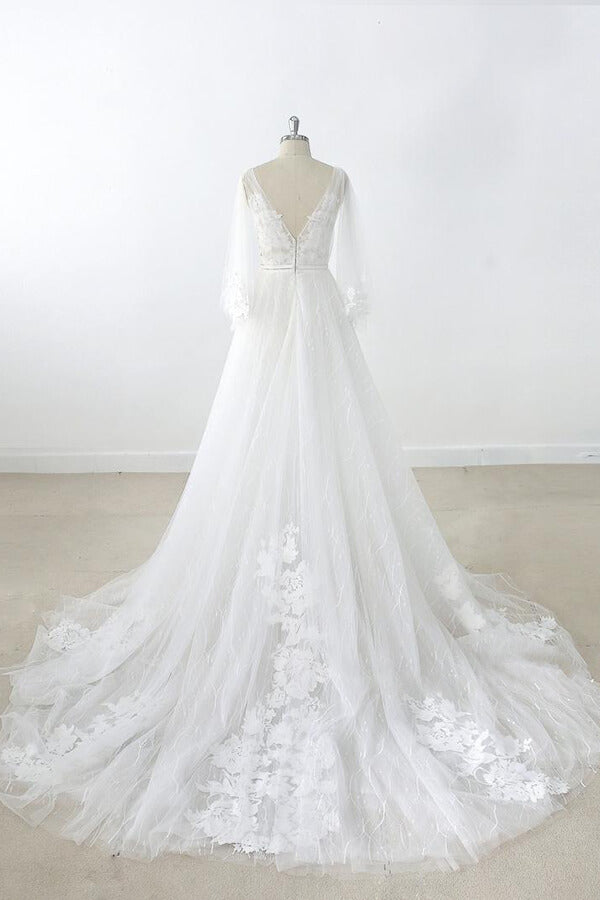 Long Sleeve A-line V-neck Appliques Tulle Wedding Dress