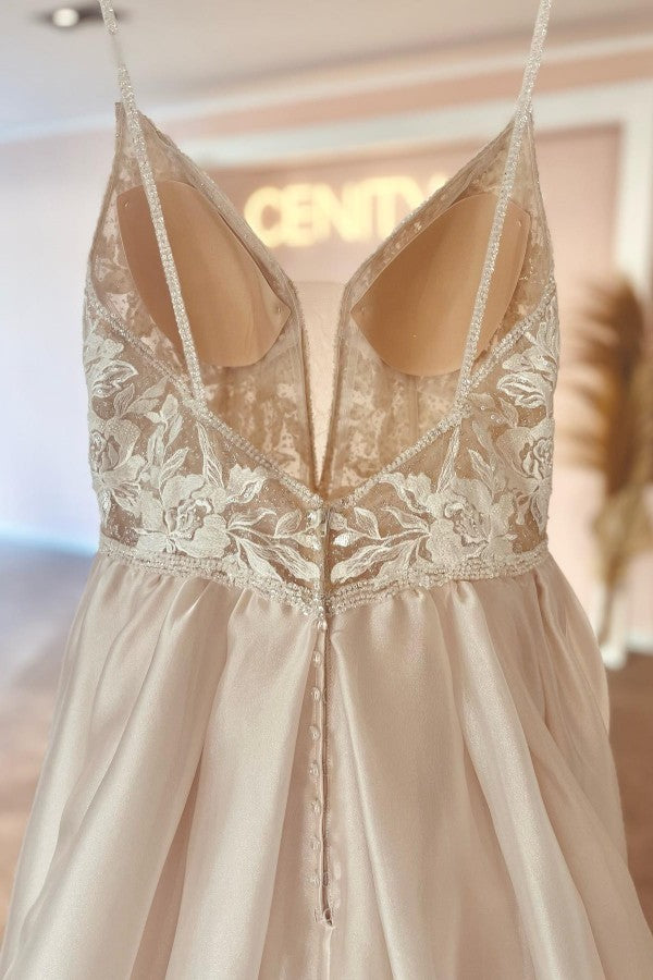 Gorgeous Long A-line V-neck Satin Lace Backless Wedding Dresses
