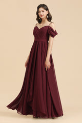 Long A-line Off the Shoulder Chiffon Bridesmaid Dress with Slit Burgundy Evening Maxi Dress