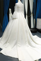 Elegant High Neck Long Sleeves Ball Gown Satin Wedding Dresses