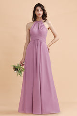 Halter Chiffon A-Line Garden Wedding Party Dress Floor Length Bridesmaid Dress
