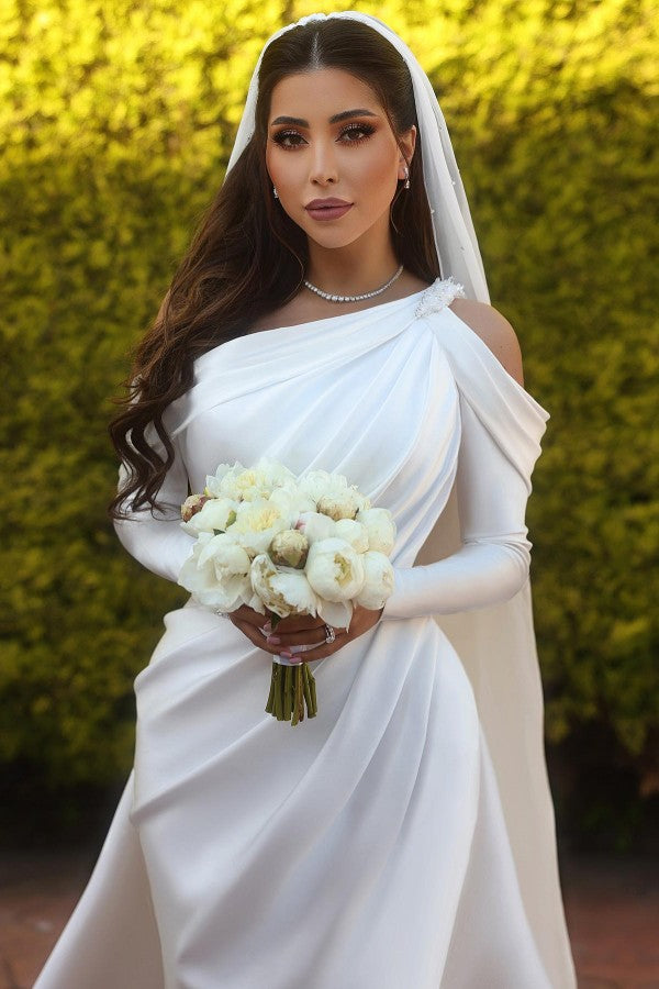Gorgeous Long Sleeves One Shoulder Mermaid Satin Wedding Dresses