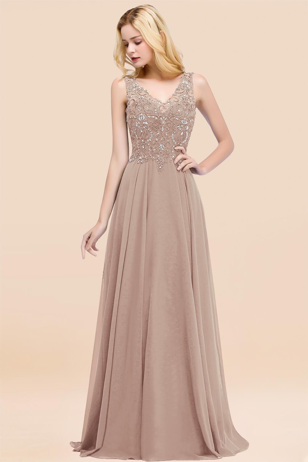 A-line Chiffon Appliques V-neck Sleeveless Floor Length Bridesmaid Dresses with Crystals