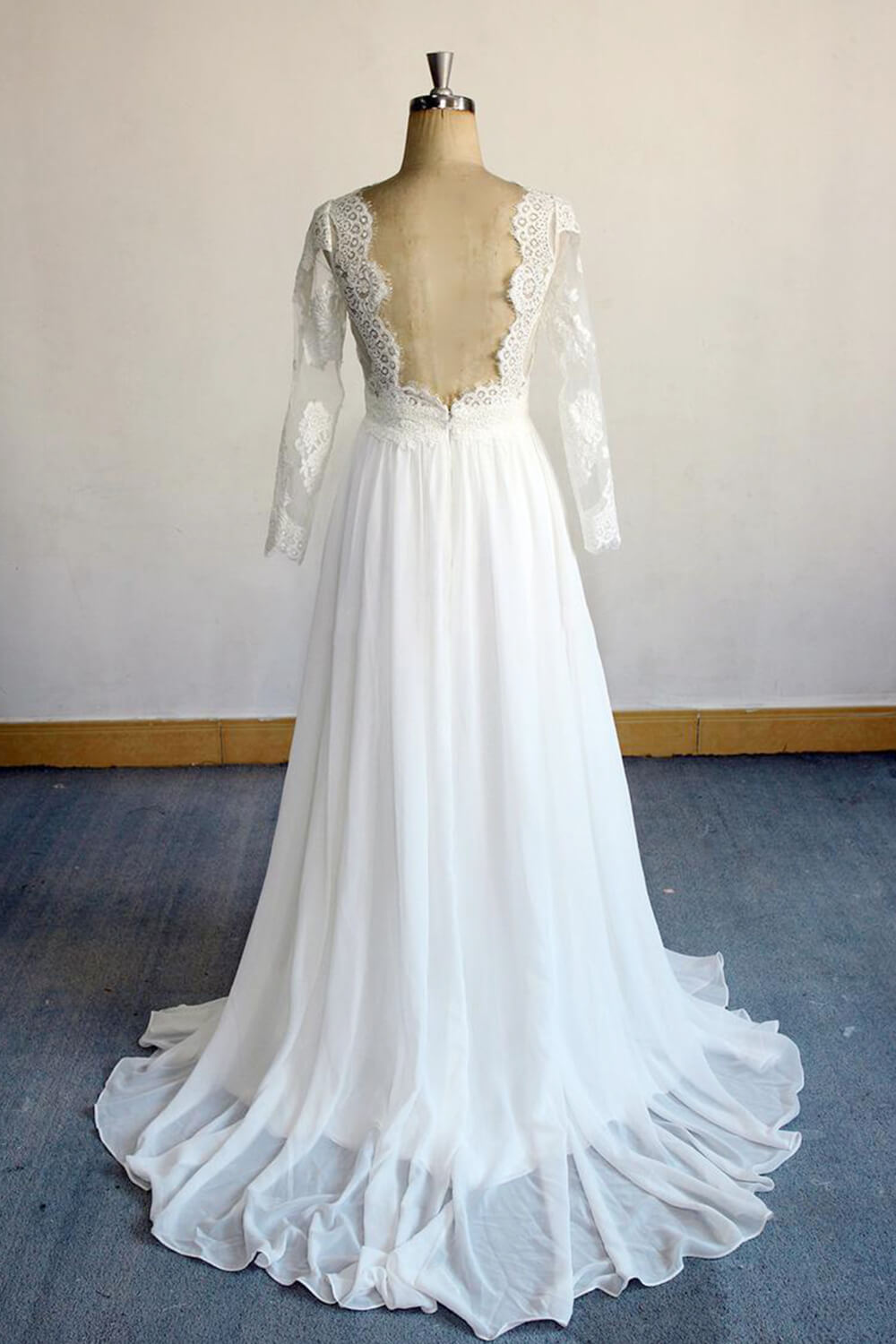 Long A-line Open Back Lace Chiffon Wedding Dress with Sleeves