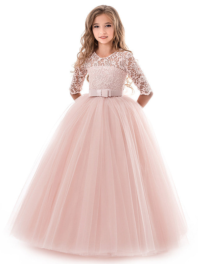 Long Ball Gown Tulle Lace Jewel Neck Flower Girl Dresses with Half Sleeve