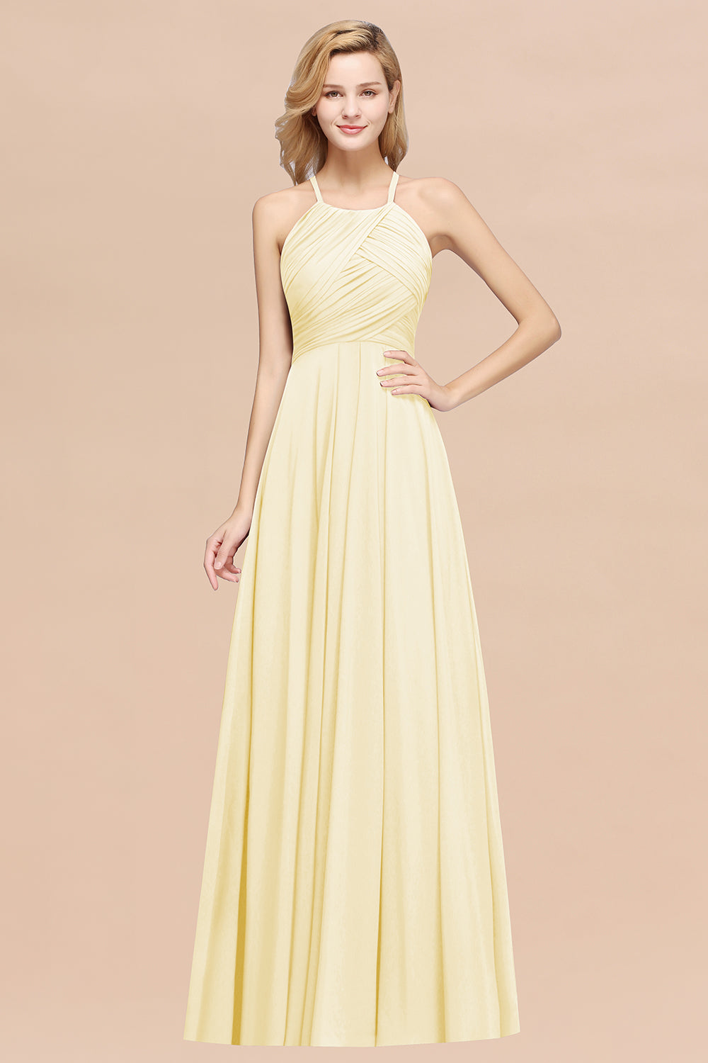 A-Line Chiffon Halter Ruffles Floor Length Bridesmaid Dress