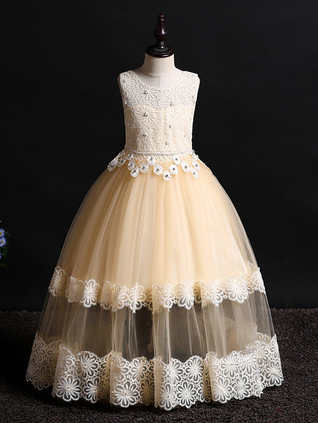 Long Princess Floor Length Sleeveless Jewel Neck Flower Girl Dresses