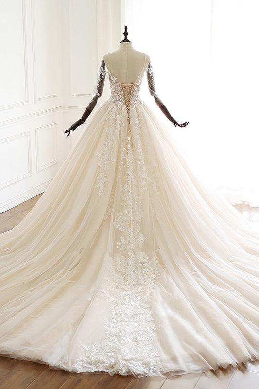 Chic Long Ball Gowns Sweetheart Tulle Lace Wedding Dress with Sleeves