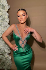 Mermaid Spaghetti Straps Beaded Satin Long Prom Dress