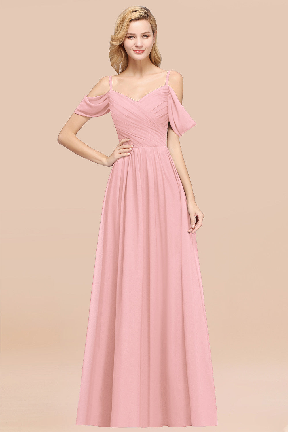 A-Line Chiffon V-Neck Spaghetti Straps Short Sleeves Floor Length Bridesmaid Dresses with Ruffles