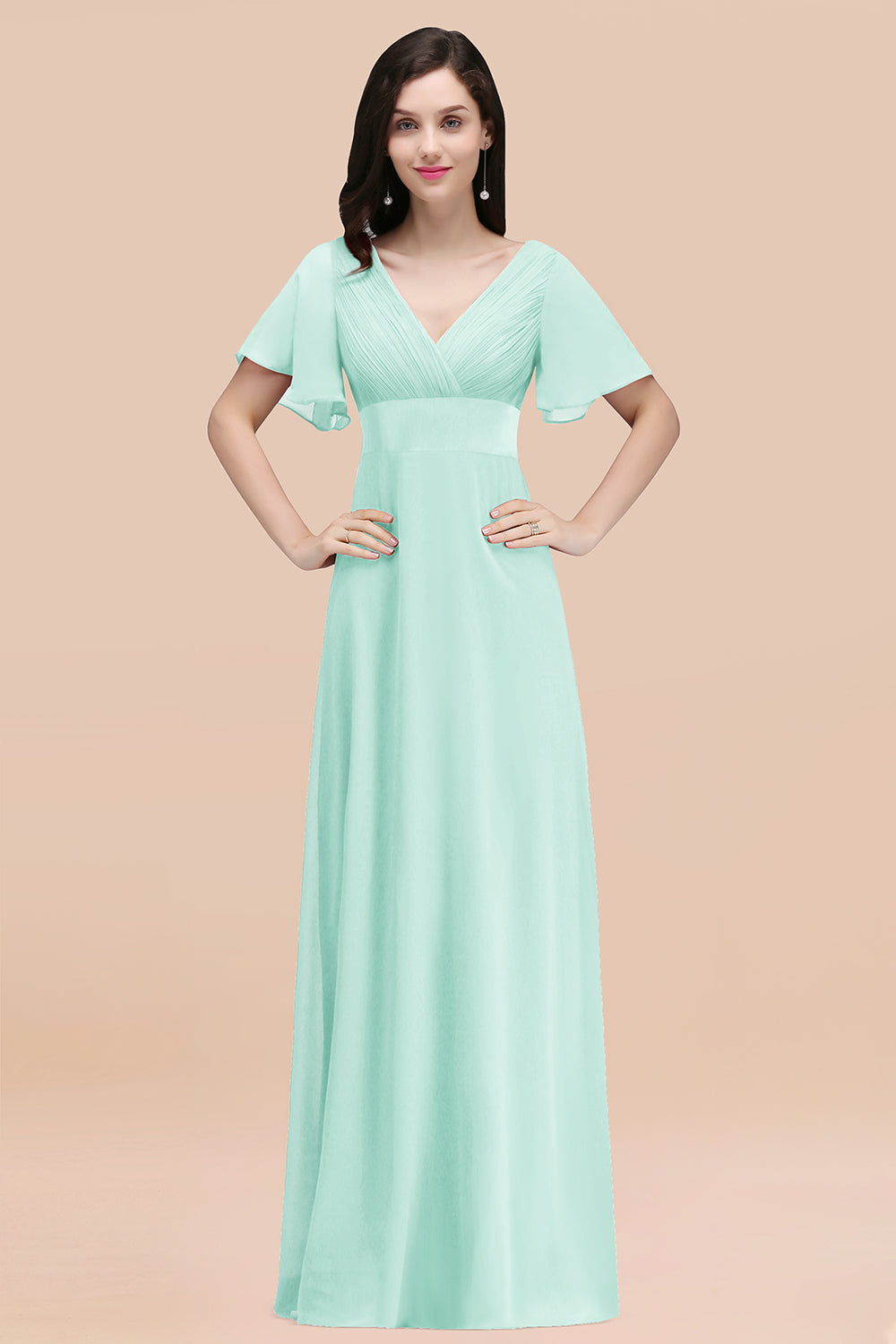 Simple A-Line Chiffon V-Neck Short Sleeves Ruffles Floor Length Bridesmaid Dresses