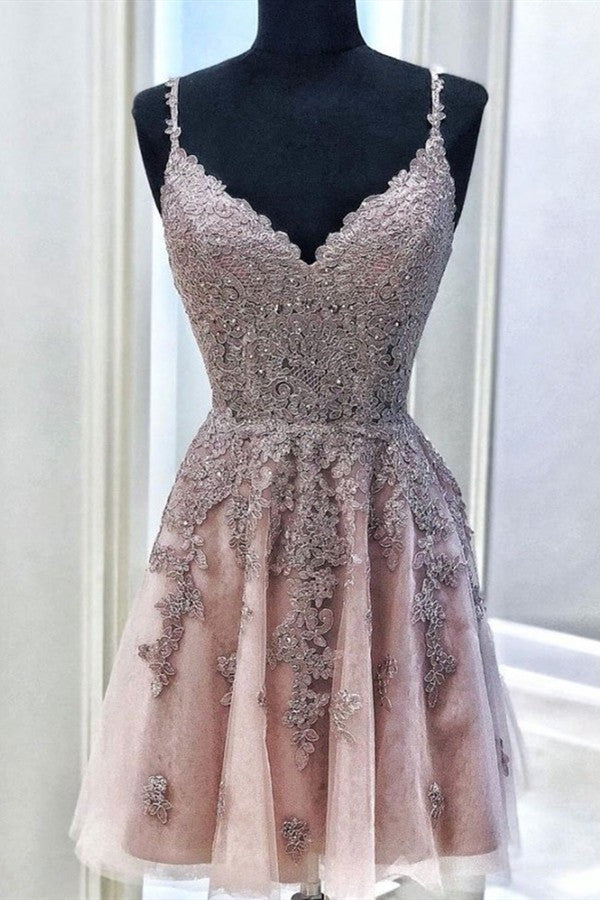 Short A-line V-neck Spaghetti Straps Appliques Lace Tulle Homecoming Dress