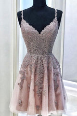 Short A-line V-neck Spaghetti Straps Appliques Lace Tulle Homecoming Dress