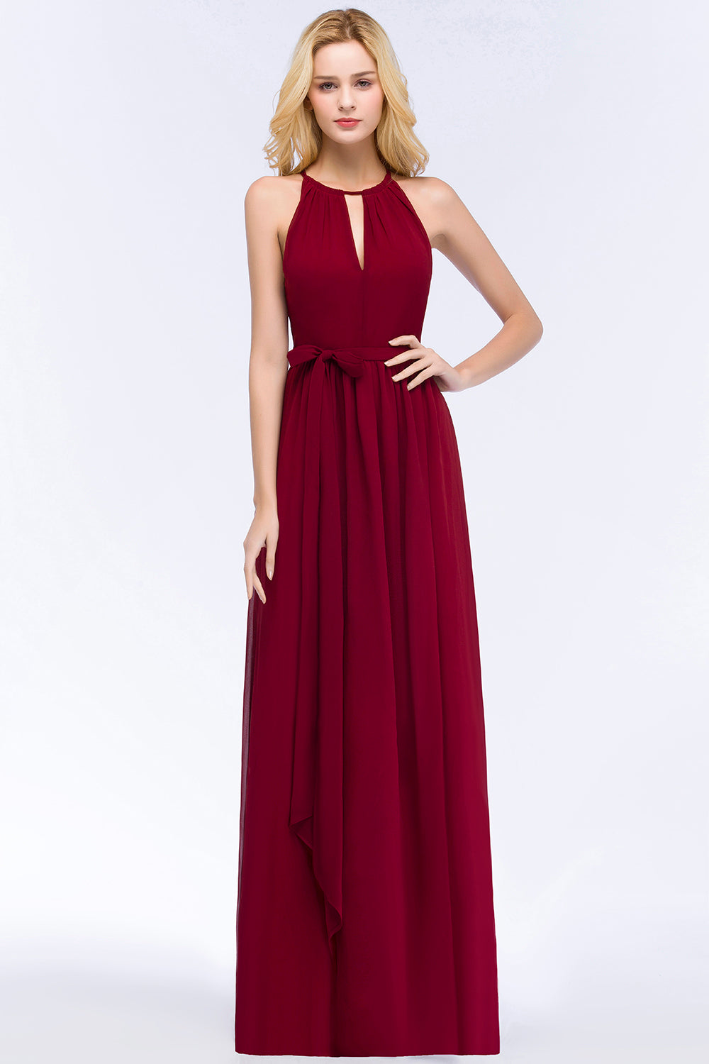 Vintage A-Line Chiffon Halter Sleeveless Ruffles Bridesmaid Dresses with Bow Sash