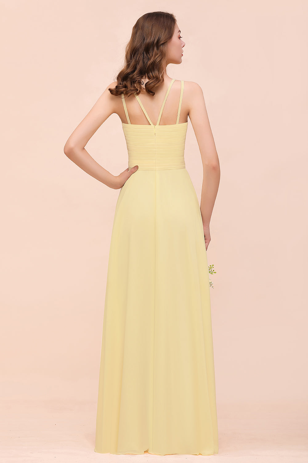 Long A-line Jewel Chiffon Daffodil Bridesmaid Dress with Ruffle