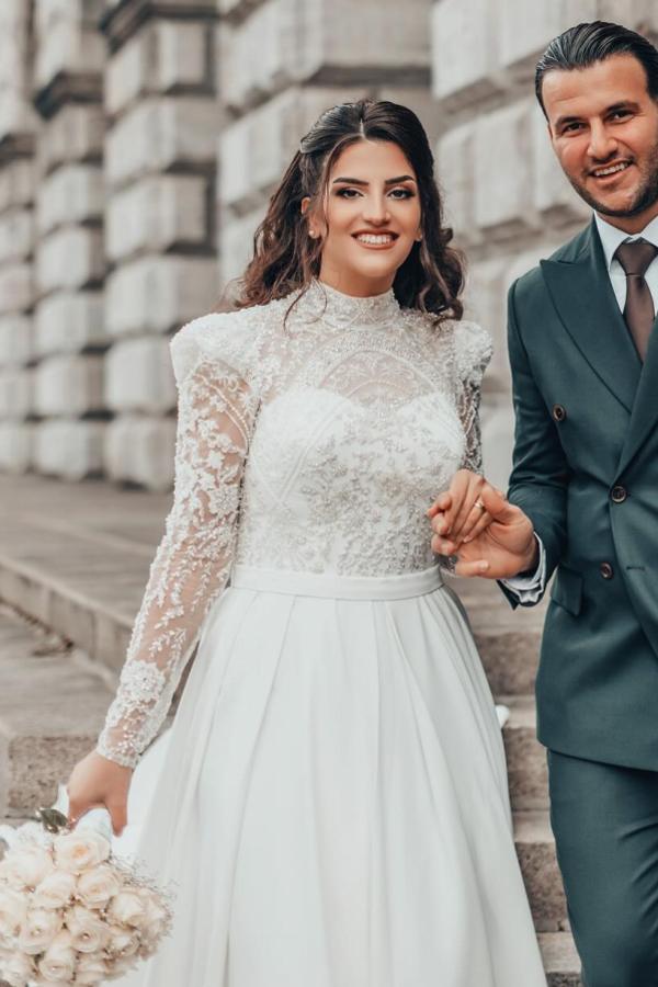 White Long A-line High Neck Chiffon Lace Wedding Dresses with Sleeves