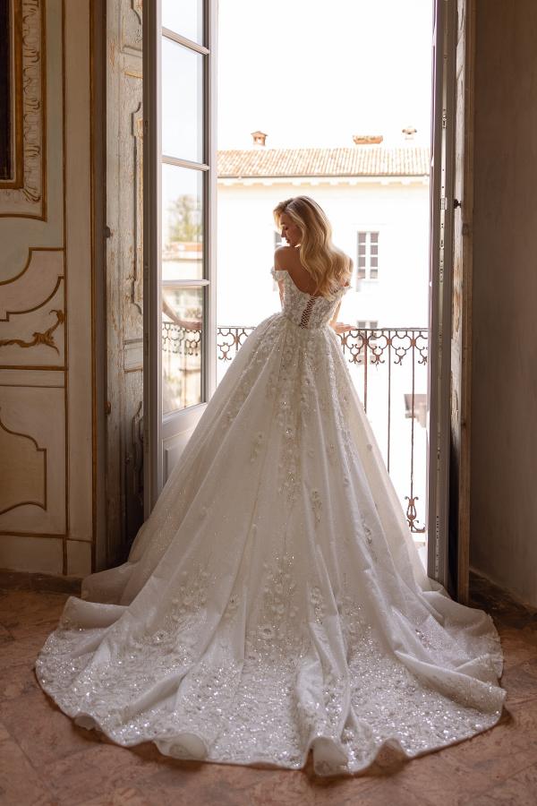 Long Flower Off The Shoulder A Line Open Back Floor Length Wedding Dress