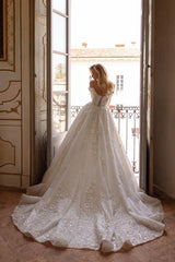 Long Flower Off The Shoulder A Line Open Back Floor Length Wedding Dress