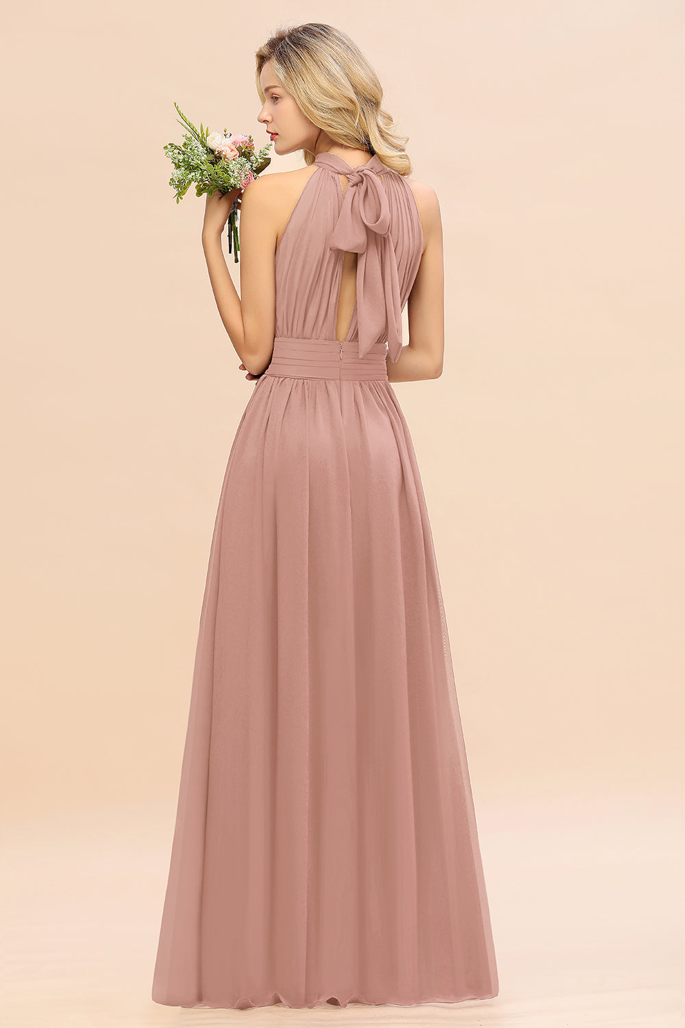 Dusty Sage Long High Neck Chiffon Bridesmaid Dresses with Ruffle