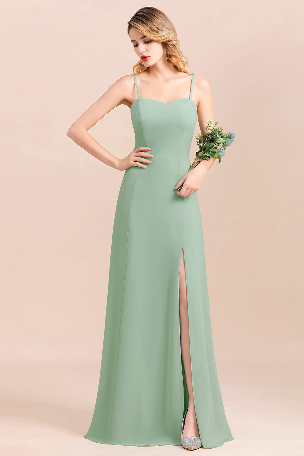 Romantic Sage Long Spaghetti Straps A-Line Chiffon Bridesmaid Dress With Side Slit