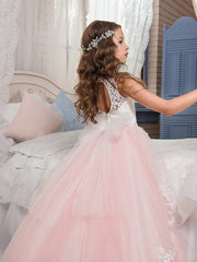 Princess Pageant Lace Tulle Sleeveless Jewel Neck Flower Girl Dresses