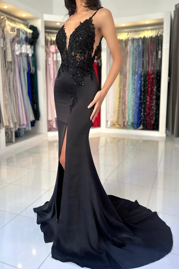 Black Long Mermaid V-neck Backless Satin Lace Formal Prom Dresses with Slit