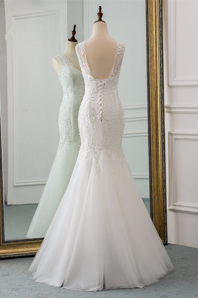 Gorgeous Long Mermaid V-neck Tulle Wedding Dress with Beadings