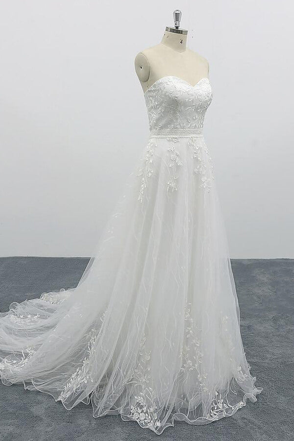 Strapless Long Tulle Chapel Train Lace A-line Wedding Dress