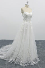 Strapless Long Tulle Chapel Train Lace A-line Wedding Dress