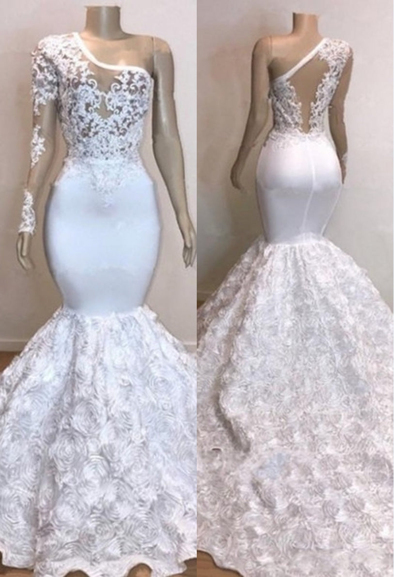 Long One Shoulder Lace Appliques Meramid Prom Dresses with Sleeves