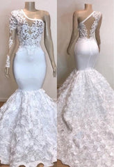 Long One Shoulder Lace Appliques Meramid Prom Dresses with Sleeves